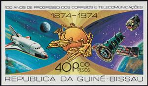 Stamp, 100 Years of Progress of Post and Telecommunication, Guinea-Bissau,  , Seals (Emblems), Spacecrafts, U.P.U.