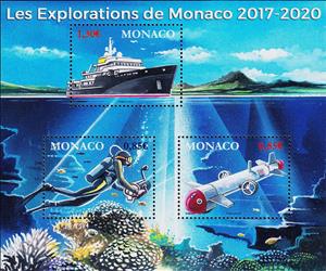 Souvenir Sheet, Monaco Explorations 2017-2020, Monaco,  , Diving (Scuba-Snorkelling), Explorers, Science, Sea, Ships, Vehicles