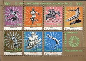 Mini Sheet, Summer Olympics 1972, Munich, Yemen, Arab Republic,  , Athletes, Diving (Sport of jumping), Equestrianism and horse riding, Gymnastics, Hurdling, Olympic Games, Rowing, Shooting Sports