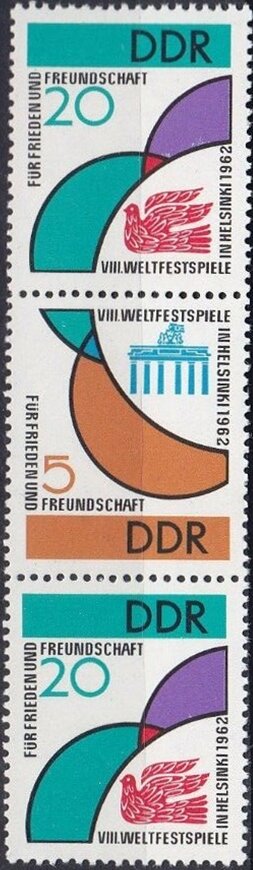 Se-tenant, Games emblem, Germany, Democratic Republic,  , Gates, Peace Doves, Stylized Animals, Symbols