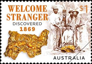 Stamp, 150th Anniversary of discovery of "Welcome Stranger" Gold, Australia,  , Anniversaries and Jubilees, Golden Objects, Mining