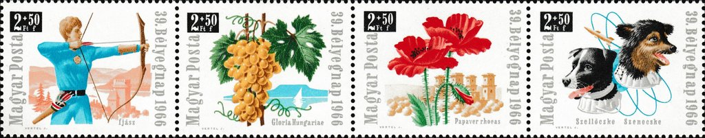 Se-tenant, Stamp Day 1966, Hungary,  , Animals (Fauna), Dogs, Flowers, Grapes, Philately, Plants (Flora), Sports, Stamp Day