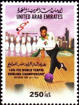 Bowler, pins, Abu Dhabi skyline.