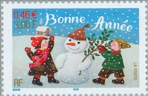 Stamp, Happy New Year (regular gum), France,  , Christmas, Feasts, New Year, Snow, Snowmen, Special Occasions, Winter