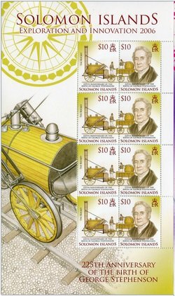 Mini Sheet, 225th Anniversary birth George Stephenson, Solomon Islands,  , Anniversaries and Jubilees, Inventions, Изобретатели, Railways