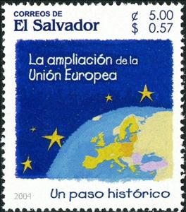 Stamp, World globe, the stars of Europe, El Salvador,  