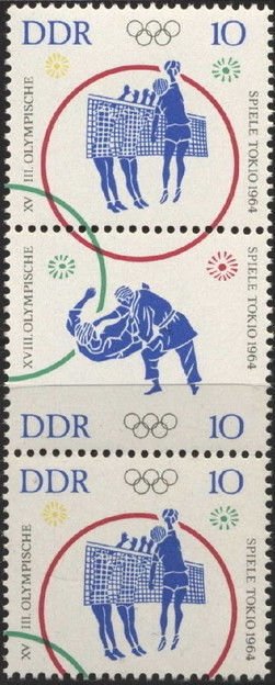 Se-tenant, Olympic Games,Tokyo, Germany, Democratic Republic,  , Judo, Olympic Games, Sports, Volleyball