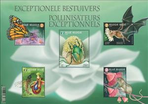 Mini Sheet, Exceptional Pollinators, Belgium,  , Animals (Fauna), Bats, Bees, Butterflies, Flowers, Insects, Mammals, Mice
