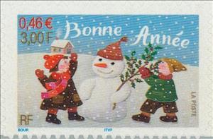Stamp, Happy New Year (self-adhesive), France,  , Christmas, Feasts, New Year, Snow, Snowmen, Special Occasions, Winter