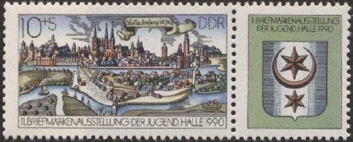 Stamp, Tenant with deco-field, Germany, Democratic Republic,  , Buildings, Philatelic Exhibitions, Townscapes / City Views