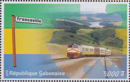 Stamp, 40th Anniversary of the Trans-Gabon Railway, Cinderellas,  , Flags, Locomotives, Maps, Railways