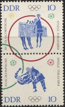Se-tenant, Olympic Games,Tokyo, Germany, Democratic Republic,  , Judo, Olympic Games, Sports, Volleyball