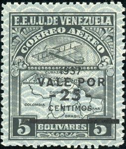 Stamp, Surcharged in black. 25 c on 5 Bs., Venezuela,  , Aircraft, Maps