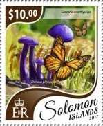 Stamp, Laccaria amethystina, Danaus plexippus, Solomon Islands,  , Animals (Fauna), Butterflies, Insects, Mushrooms