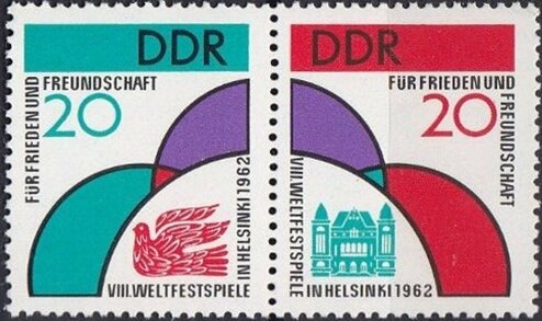 Se-tenant, Games emblem, Germany, Democratic Republic,  , Peace Doves, Stylized Animals, Symbols, Theatre