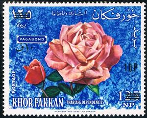 Stamp, Light yellow pink hybrid tea rose "Grand' mère Jenny", 1950, Sharjah,  , Flowers, Plants (Flora), Roses