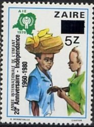 Stamp, CD 982 with new overprint  '20e Anniversaire – Indépendance, Zaire,  