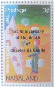 Stamp, 1st Anniversary Of The Death Of Charles De Gaule, Cinderellas,  , Commemoration, Moon, Moon Landing, Outer Space, Rockets, Space Traveling, Spacecrafts, Transport
