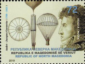 Stamp, Andre-Jacques Garnerin, Inventor of Framlesws Parachute, Macedonia,  , Famous People, Inventions, Изобретатели, Parachute Jumping