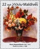 Stamp, Pierre-Auguste Renoir,Flowers in a Vase, c. 1898, Maldives,  , Paintings