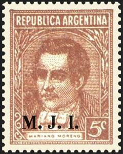 Stamp, Mariano Moreno (1778-1811), ovpt. "M.J.I.", Argentina,  , Authors, Famous People, Politicians