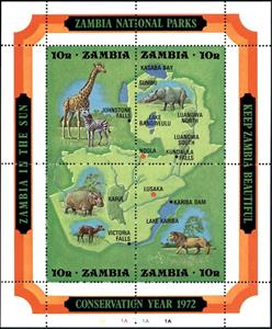 Souvenir Sheet, Natural reserve, Zambia,  , Animals (Fauna), Environment Protection, Maps, National Parks