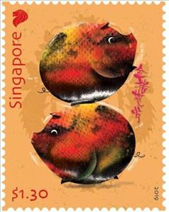 Stamp, Year of the Pig 2019, Singapore,  , Animals (Fauna), Chinese New Year, Chinese Zodiac, Mammals, New Year, Pigs, Stylized Animals, Zodiac