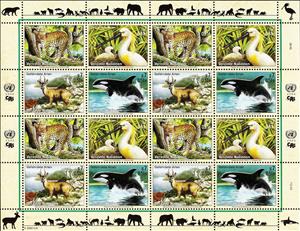 Mini Sheet, Endangered Species (VIII), UNO Vienna,  , Animals (Fauna), Birds, Cats of Prey, Deer, Dolphins, Leopards, Mammals, Sea (Marine) Mammals