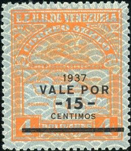 Stamp, Surcharged in black. 15 c on 4 Bs., Venezuela,  
