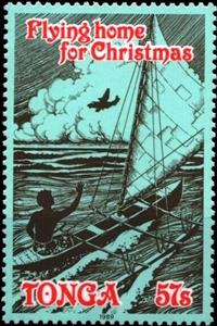 Stamp, Tongan in outrigger canoe, aircraft, Tonga,  , Aircraft, Canoeing, Christmas, Ships