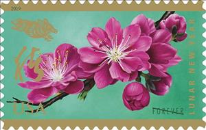 Stamp, Year of The Pig 2019, United States of America,  , Animals (Fauna), Chinese New Year, Chinese Zodiac, Flowers, New Year, Pigs, Stylized Animals, Zodiac