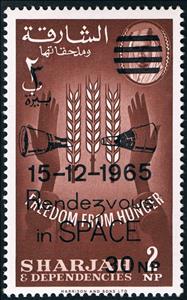 Stamp, MiNr 36A overprint with space capsule - Portrait barred, Sharjah,  , Hands, Spacecrafts