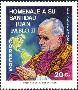 Stamp, Pope and map of Americas, El Salvador,  , Maps, Popes