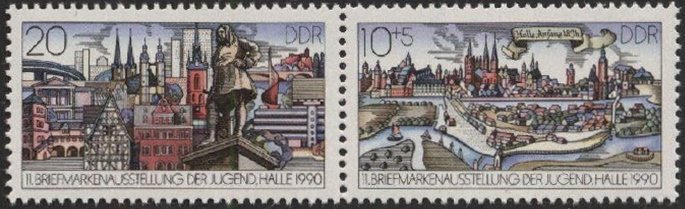 Se-tenant, Tenant with deco-field, Germany, Democratic Republic,  , Buildings, Philatelic Exhibitions, Townscapes / City Views