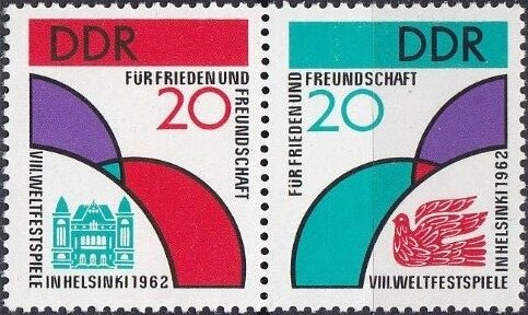 Se-tenant, Games emblem, Germany, Democratic Republic,  , Peace Doves, Stylized Animals, Symbols, Theatre