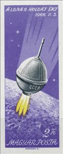 Stamp, Luna 9 closing in on the moon, Hungary,  , Celestial Bodies, Moon, Moon Landing, Outer Space, Spacecrafts