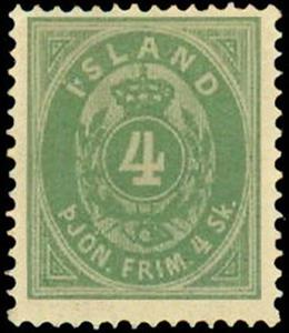 Stamp, 4 sk green Official, Iceland,  , Crowns and Coronets, Numbers, Post Horns