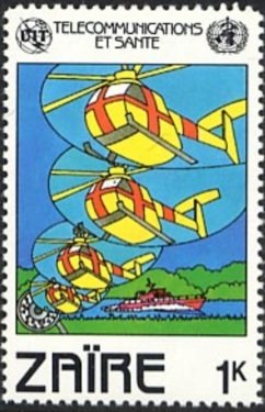 Stamp, Red Cross helicopters and Morse code, Zaire,  , Ships, Red Cross and Red Crescent, Healthcare, Telecommunication, Helicopters, Aviation