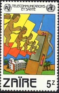 Stamp, Infant and portophone, Zaire,  , Telecommunication, Buildings, Infants