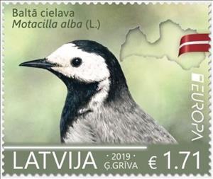 Stamp, White Wagtail (Motacilla alba), Latvia,  , Animals (Fauna), Birds, C.E.P.T. / Europe, Flags