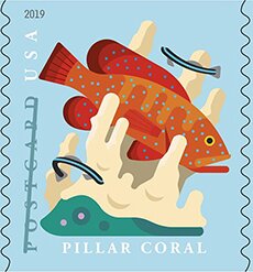 Stamp, Pillar Coral (Coil Stamp), United States of America,  , Animals (Fauna), Corals and Sponges, Fishes, Sea Life