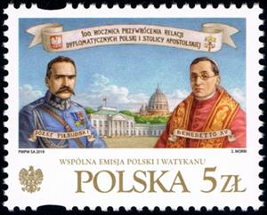 Stamp, Centenary of Diplomatic Relations with the Vatican, Poland,  , Diplomacy, Heads of State (Military), Joint Issues, Popes