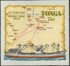 Stamp, Map of South Pacific and "Olovaha", Tonga,  , Maps, Ships