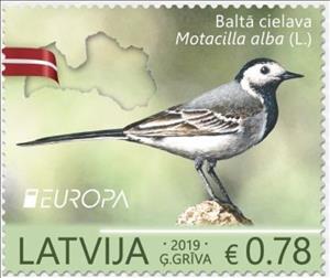 Stamp, White Wagtail (Motacilla alba), Latvia,  , Animals (Fauna), Birds, C.E.P.T. / Europe, Flags