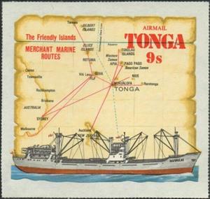 Stamp, Map of South Pacific and "Olovaha", Tonga,  , Maps, Ships