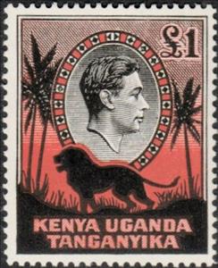 Stamp, Lion (Panthera leo), British East Africa (Kenya, Uganda and Tanganyika),  , Animals (Fauna), Cats of Prey, Famous People, Heads of State, Kings, Лев, Men, Royalty