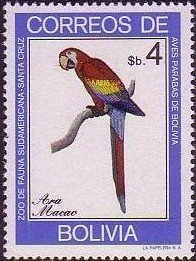 Stamp, Scarlet Macaw (Ara macao), Bolivia,  , Birds, Parrots
