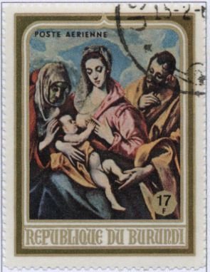 Stamp, Holly family by El Grego, Burundi,  , Christmas, Paintings, Religion, Art