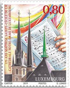 Stamp, 175th Anniversary of the Maitrise Sainte-Cecile Choir, Luxembourg,  , Churches - Cathedrals - Basilicas - Chapels, Music