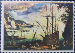 Stamp, Painting with ship at coast, Cinderellas,  , Coastal Areas, Paintings, Ships